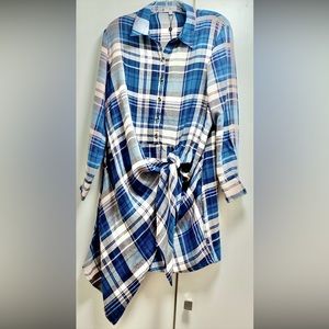 Plaid teal-blue-beige midi top
